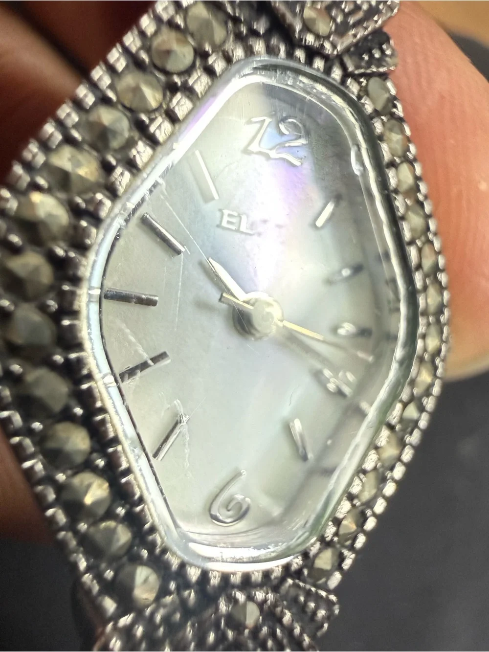 Vintage Elgin Ladies Marcasite Onyx Watch Mother of Pearl Dial Art Deco Style